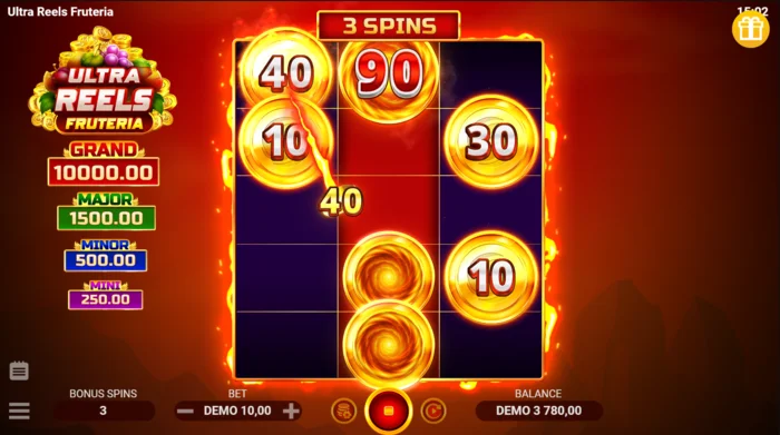 Ultra Reels Fruteria - bonus screen with three spins and collector